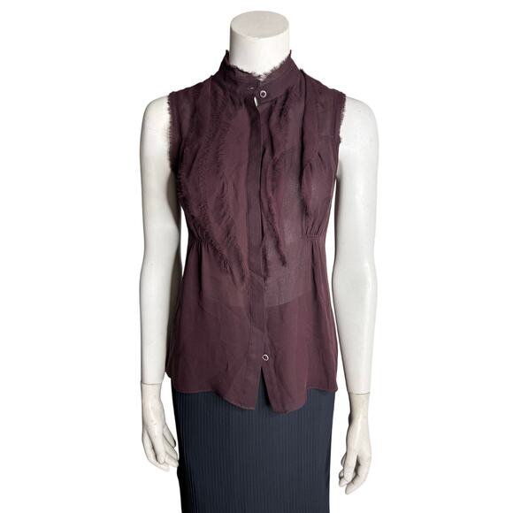 Vince Blouse Women's 2 100% Silk Plum Sleeveless Buttoned Distressed Trim - Picture 1 of 5